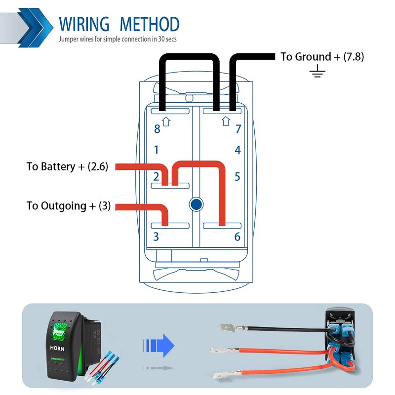 KEING Momentary Horn Button Waterproof Rocker Switch Toggle - ON/Off Green LED Light - 12V 20Amp 24V 10Amp, 5 Pin for Automotive Car Vehicles Marine Boat Truck Trailer 4x4 Caravan RV ATV UTV & More - Image 4